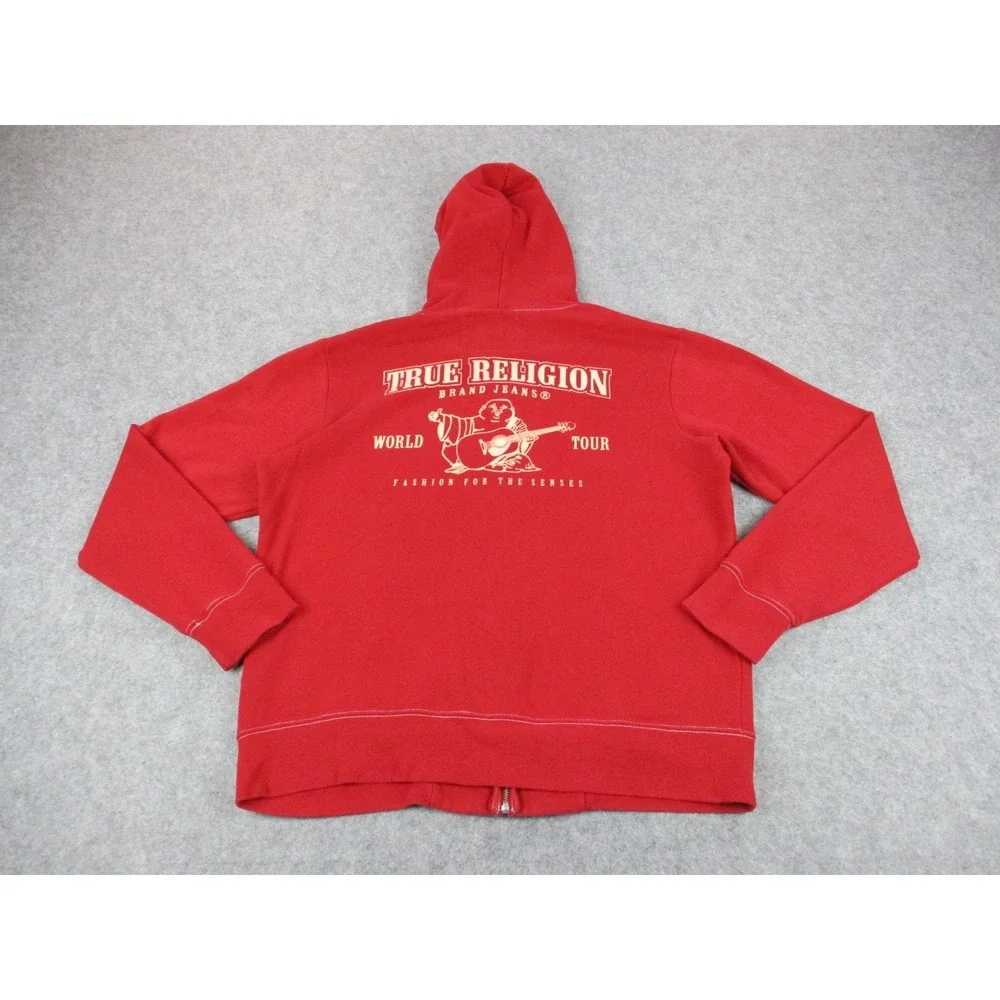 True Religion Hoodie Men Extra Large Red White Full Zip Fleece Buddah Sweatshirt